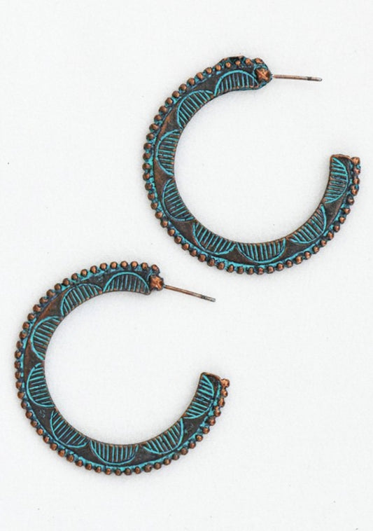 Patina Copper Filigree Hoop Earrings